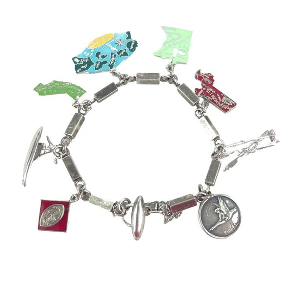 Vintage Silver Tone State Charm Bracelet With Enamel Accents & Unique Charms - Picture 2 of 7